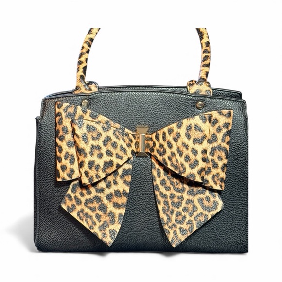 Crossi Black Satchel with Leopard Print Bow & Handles - Picture 3 of 11